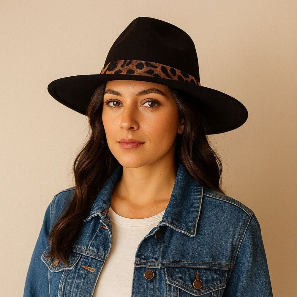 COG New York Brown Rancher Hat Leopard Band Wide Brim Fedora Style Adjustable